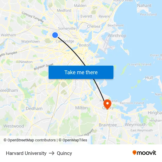 Harvard University to Quincy map