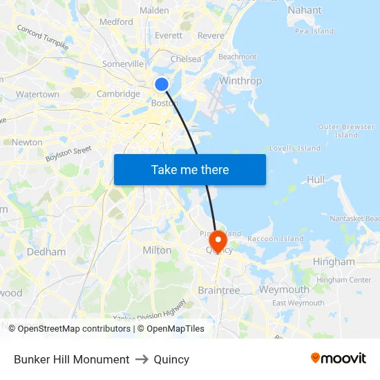 Bunker Hill Monument to Quincy map