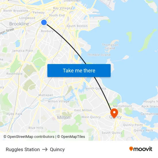Ruggles Station to Quincy map