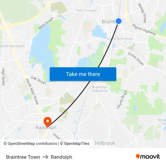 Braintree Town to Randolph map
