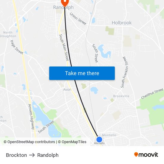 Brockton to Randolph map