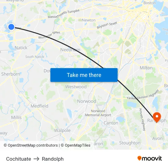 Cochituate to Randolph map