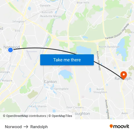 Norwood to Randolph map