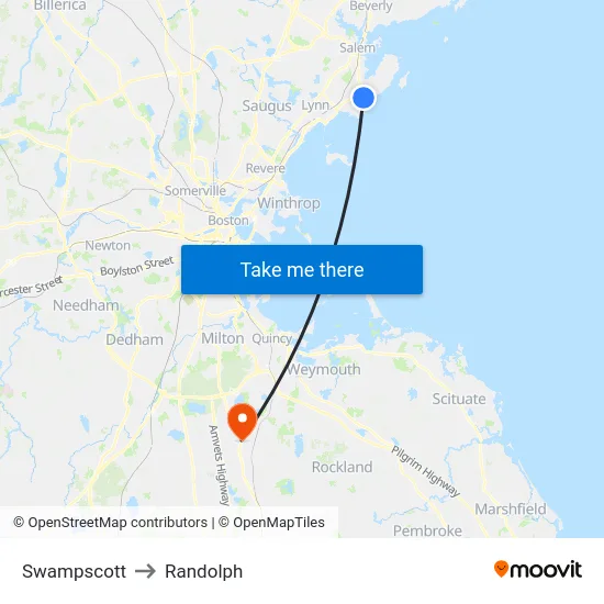 Swampscott to Randolph map
