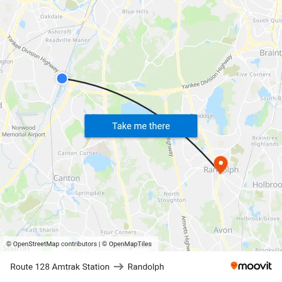 Route 128 Amtrak Station to Randolph map