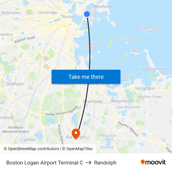 Boston Logan Airport Terminal C to Randolph map