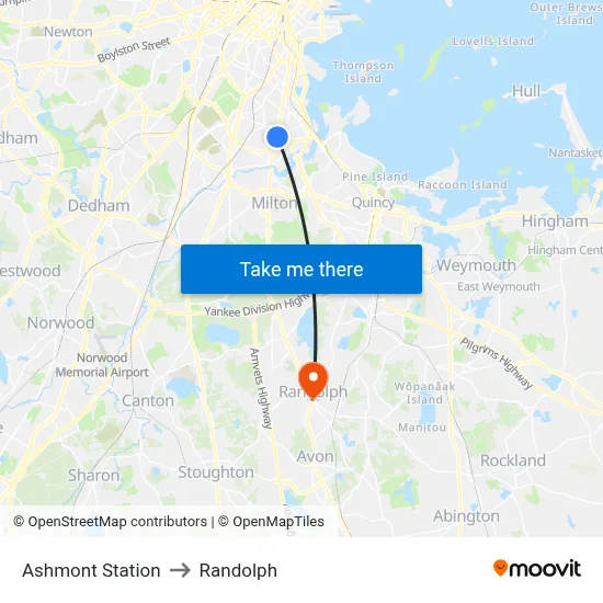 Ashmont Station to Randolph map