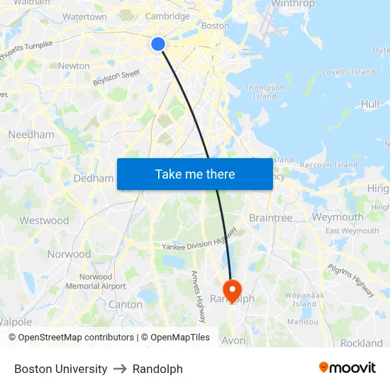 Boston University to Randolph map