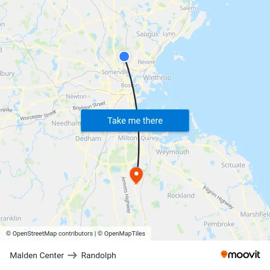 Malden Center to Randolph map