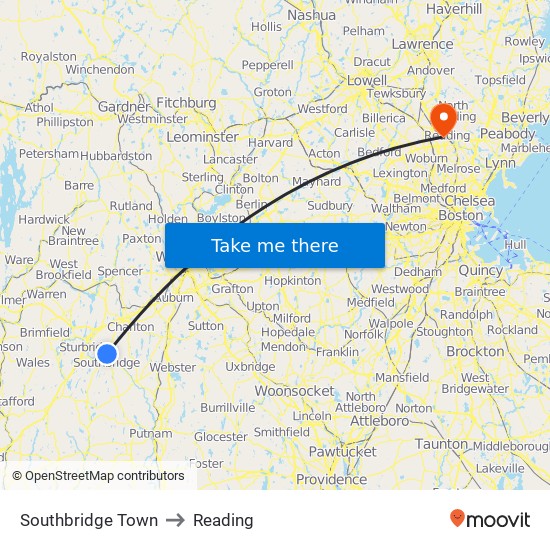 Southbridge Town to Reading map