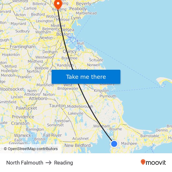 North Falmouth to Reading map