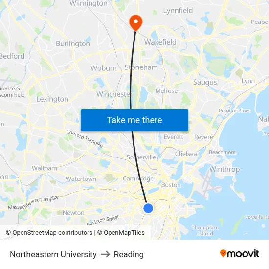 Northeastern University to Reading map