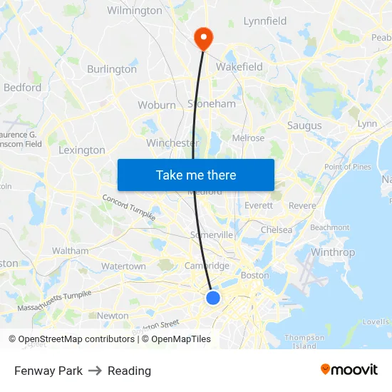 Fenway Park to Reading map