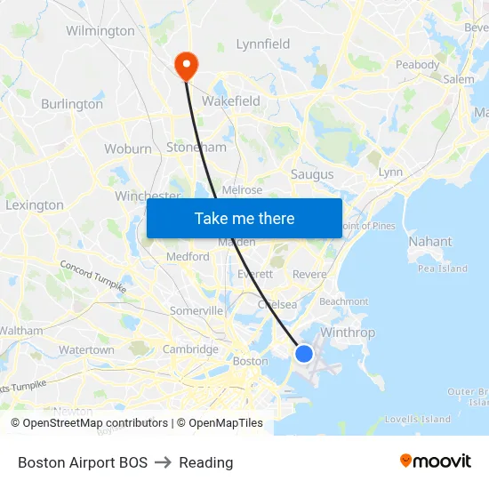 Boston Airport BOS to Reading map