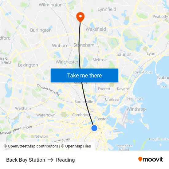 Back Bay Station to Reading map