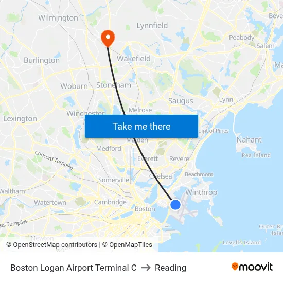 Boston Logan Airport Terminal C to Reading map