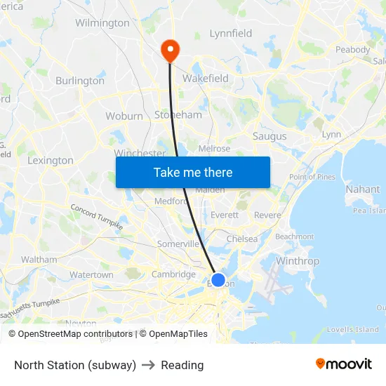 North Station (subway) to Reading map