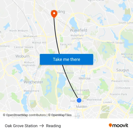 Oak Grove Station to Reading map