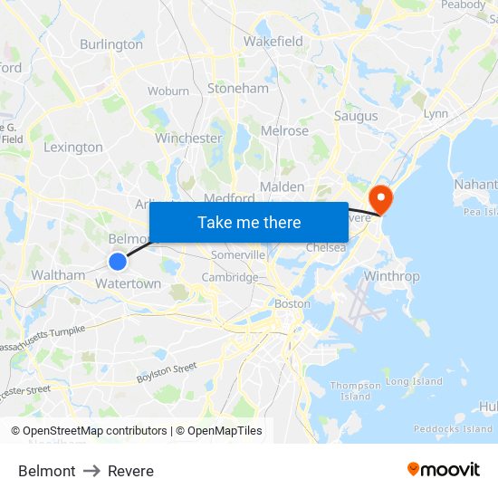 Belmont to Revere map