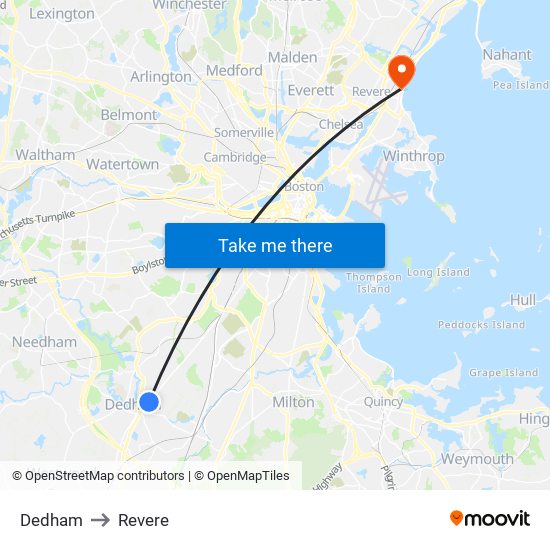 Dedham to Revere map