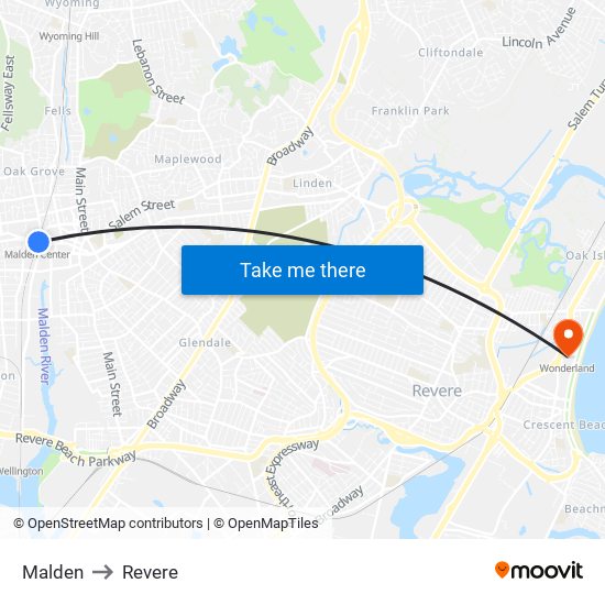 Malden to Revere map