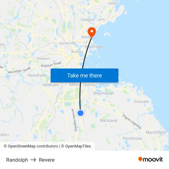 Randolph to Revere map