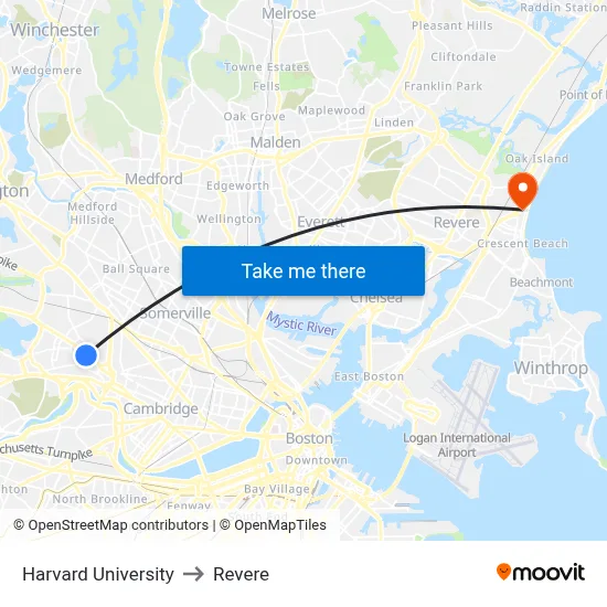 Harvard University to Revere map