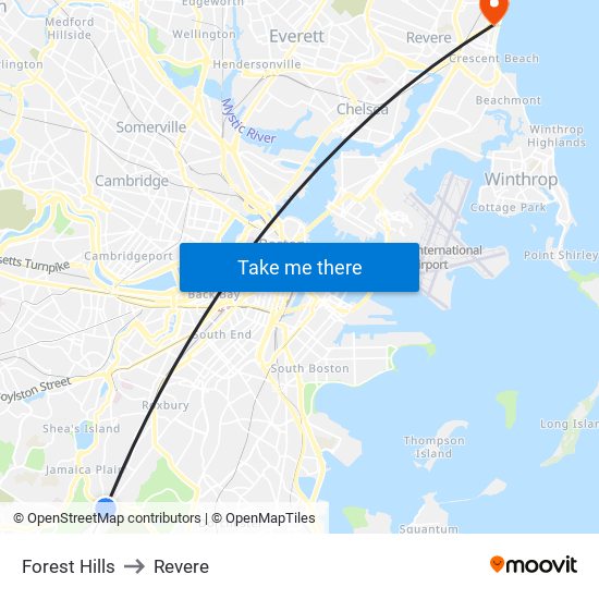 Forest Hills to Revere map