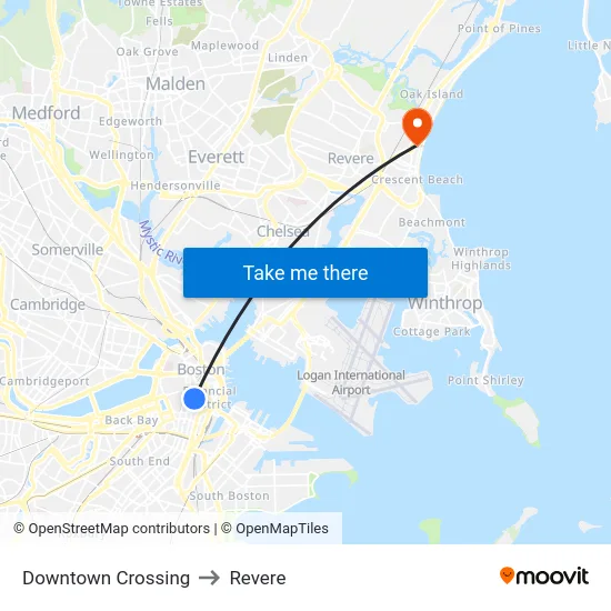 Downtown Crossing to Revere map