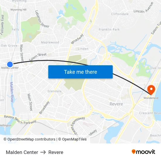 Malden Center to Revere map
