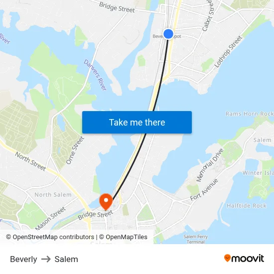 Beverly to Salem map