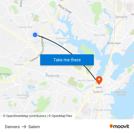 Danvers to Salem map