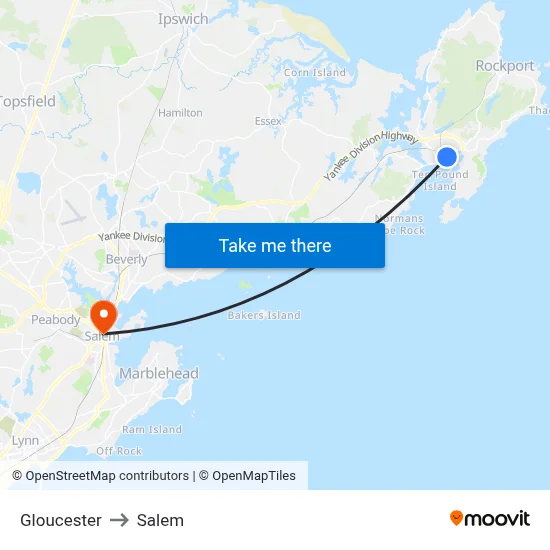 Gloucester to Salem map