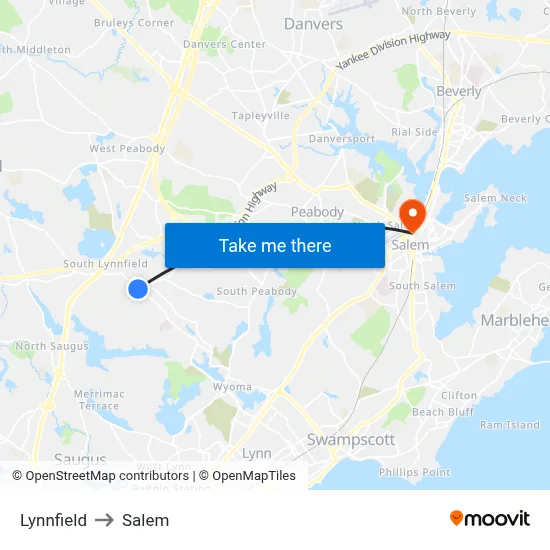Lynnfield to Salem map