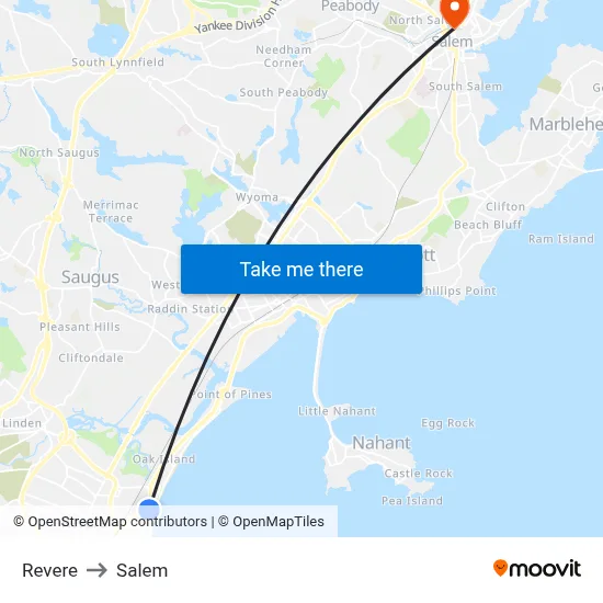 Revere to Salem map