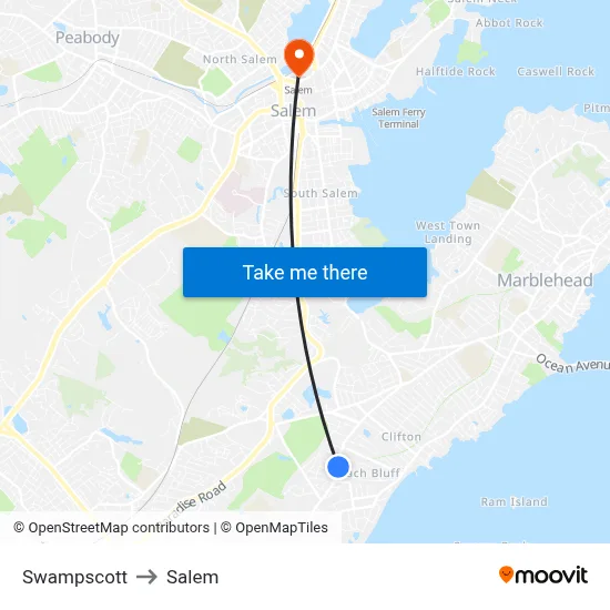 Swampscott to Salem map