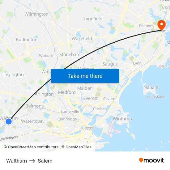 Waltham to Salem map