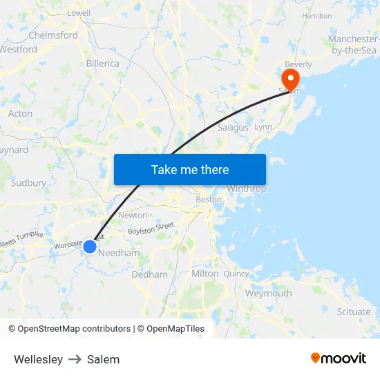 Wellesley to Salem map