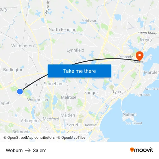 Woburn to Salem map