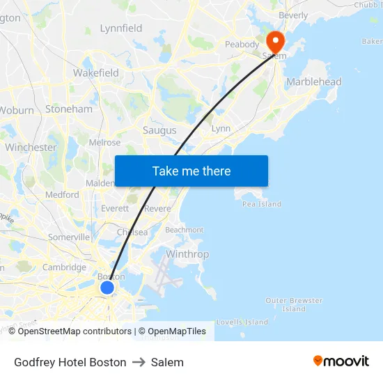 Godfrey Hotel Boston to Salem map