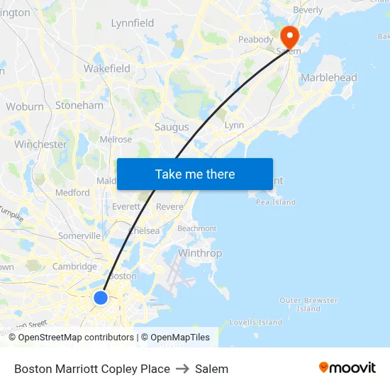 Boston Marriott Copley Place to Salem map