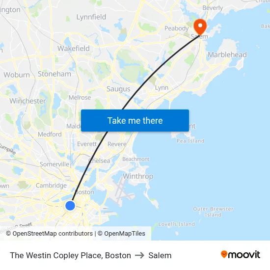 The Westin Copley Place, Boston to Salem map