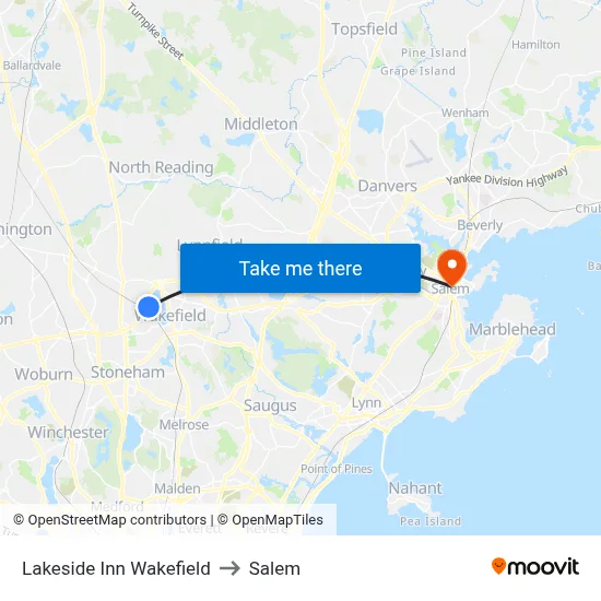 Lakeside Inn Wakefield to Salem map