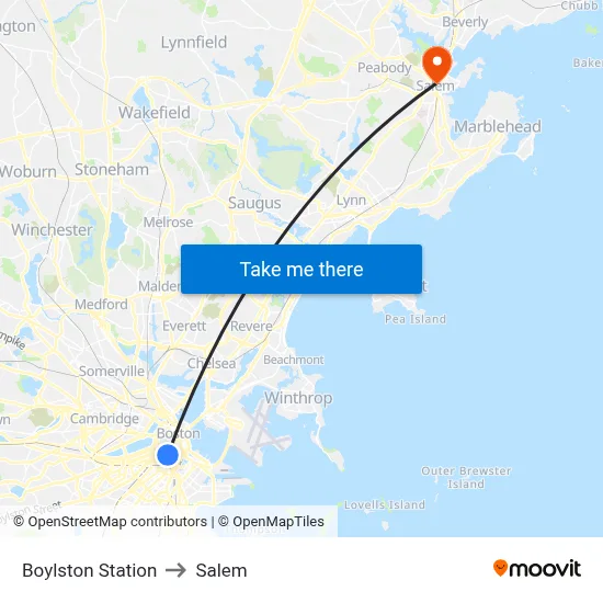 Boylston Station to Salem map