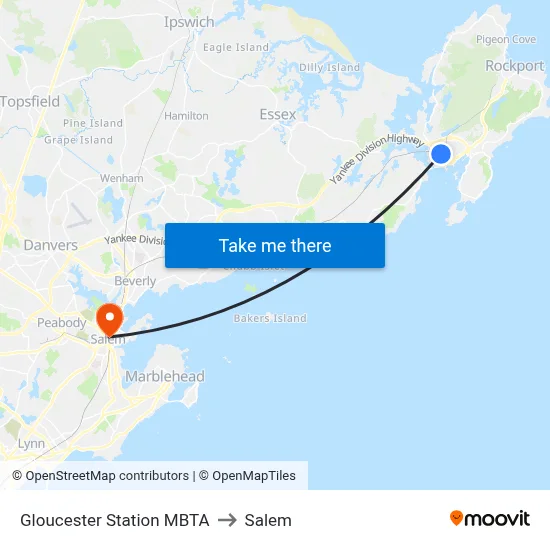 Gloucester Station MBTA to Salem map