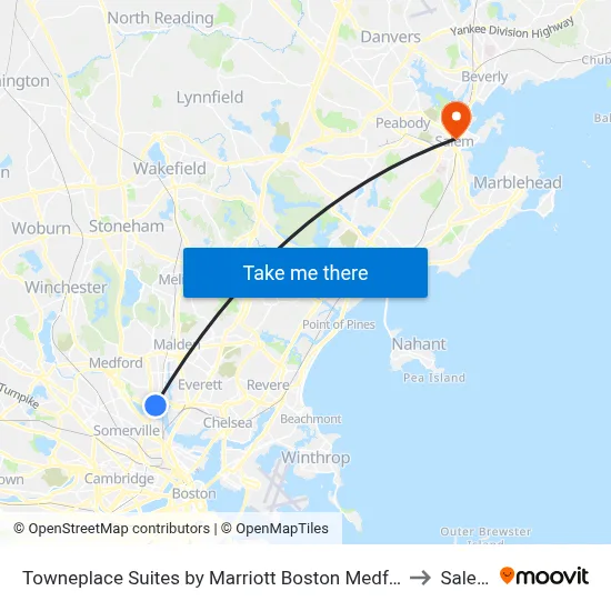 Towneplace Suites by Marriott Boston Medford to Salem map