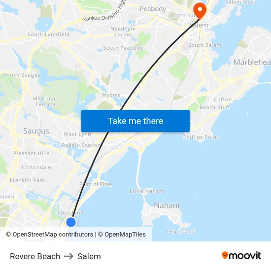 Revere Beach to Salem map