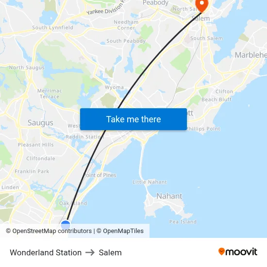 Wonderland Station to Salem map