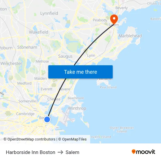 Harborside Inn Boston to Salem map