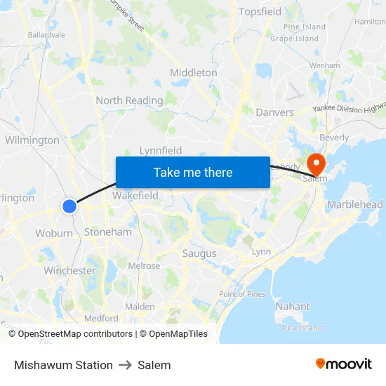Mishawum Station to Salem map